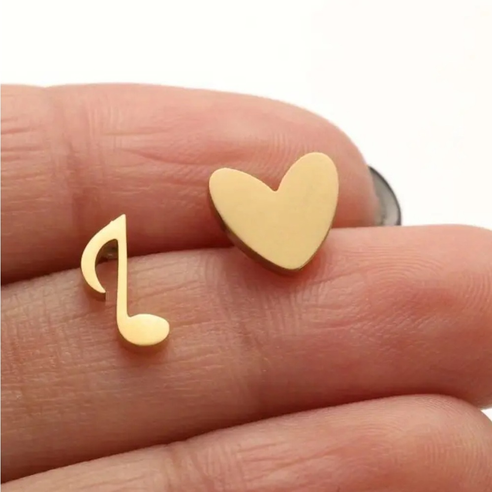 Gold Heart & Music Note Stud Earrings